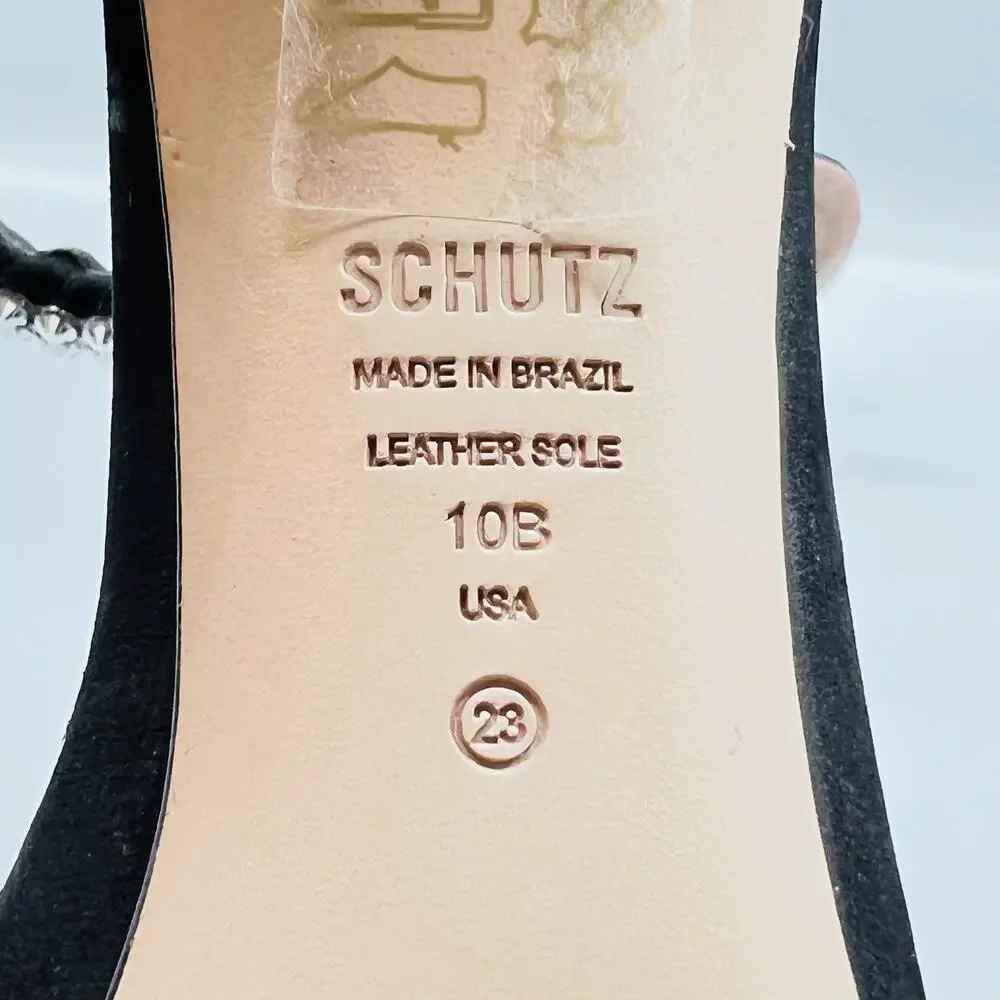 Schutz Sandals Womens 10 Black Suede Rhinestone Ankle Strap Zip Stiletto Shoes